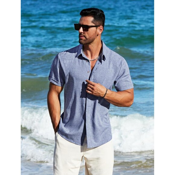 Men's  A-denim Blue Linen Short Sleeve Button Down Casual Shirt Business Dress - Picture 4 of 6
